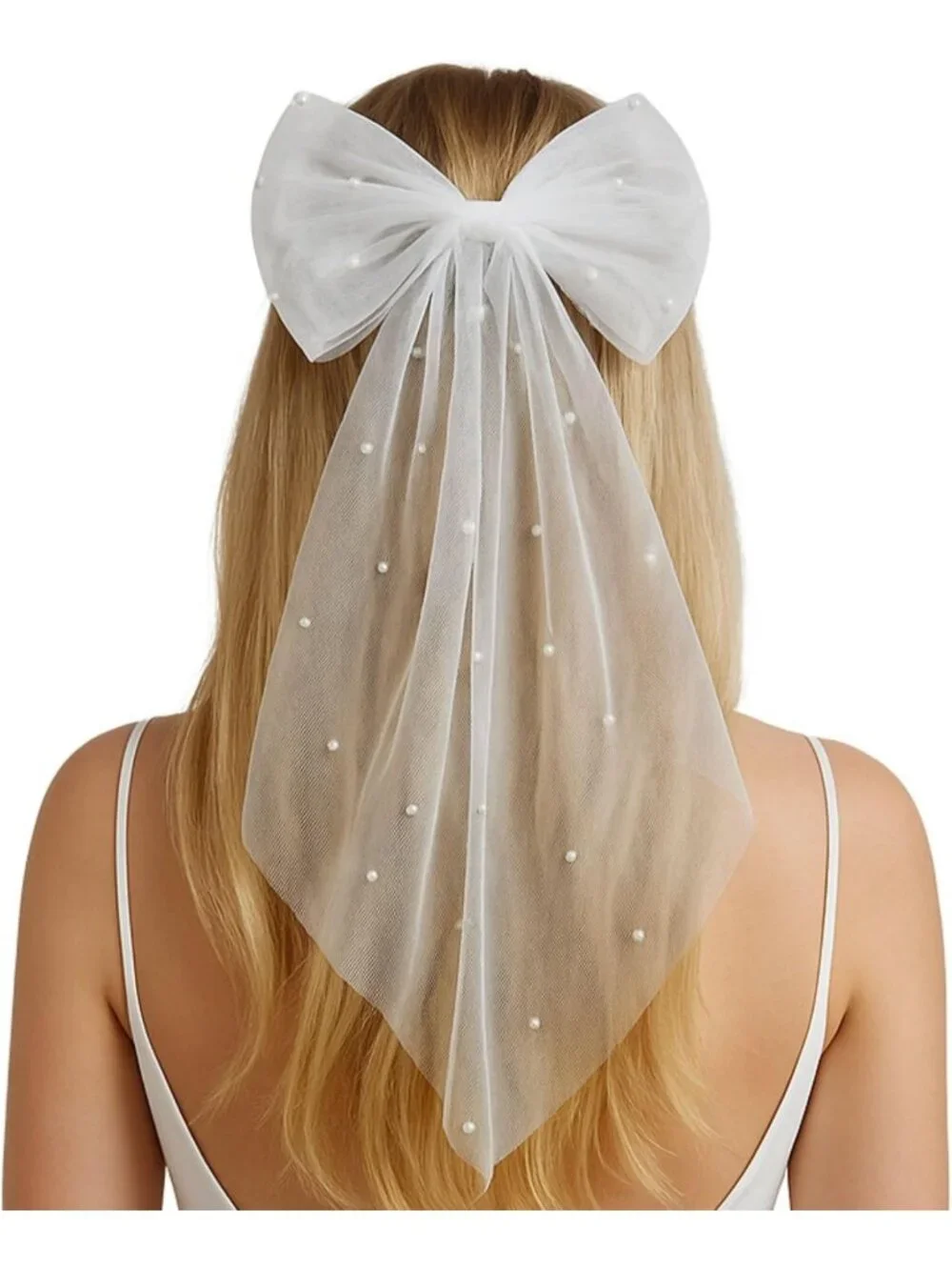 Elegant Pearl Bow Hair Clip - White | Secure Alligator Grip for Bridal